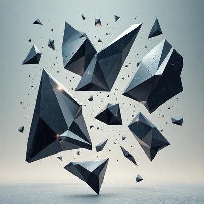 The primary subject of the image is a collection of geometric shapes, specifically triangles, that are floating in the air. The setting is a dark, empty space, which creates a dramatic and mysterious atmosphere. The visual style of the image is digital art, as it appears to be a computer-generated or manipulated image. The dominant colors are black and white, with the triangles being the main focus of the composition.